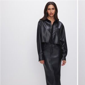 Good American Faux Leather Crop Button-Up Shirt